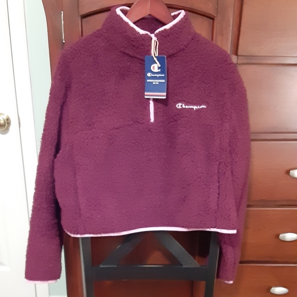 Champion Tops - Champion Cropped Pullover Quarter Zip Sweatshirt, Purple, Women's Size XL